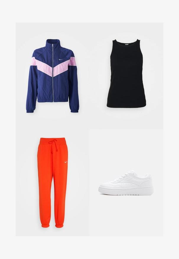 Navy Windbreaker-Jacke mit pinken Chevron-Streifen, Reißverschluss vorne, Stehkragen und elastischen Bündchen. Leichtes, glattes Material. Nike-Logo auf der Brust.; Zign Top - black; Nike Sportswear W PHNX FLC HR OS - Jogginghose - picante red/sail; Flacher weißer Sneaker mit Schnürverschluss, perforierten Seitendetails und dicker Sohle vor schlichtem hellem Hintergrund.