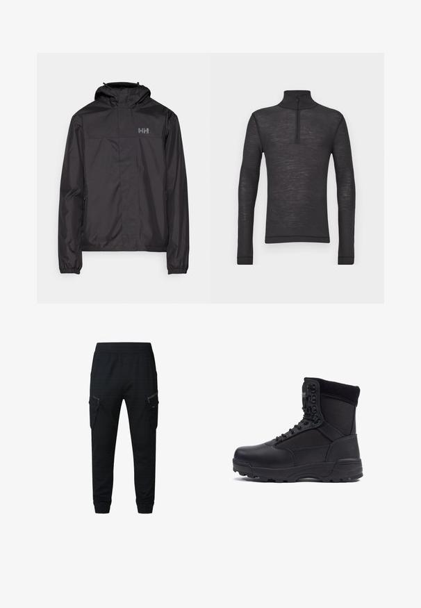 Helly Hansen VANCOUVER FLEECE LINED JACKET - Regenjas - black; Zwarte lange mouwen turtleneck shirt gemaakt van een gestructureerde stof, met een halve rits bij de kraag en aansluitende mouwen.; Zwarte cargobroek met een losse pasvorm, gemaakt van lichtgewicht stof. Voorzien van meerdere zakken met ritssluiting en elastische boorden bij de enkels.; Zwarte tactical boot met een gladlederen bovenkant en stofpanelen, hoge enkelontwerp, vetersluiting aan de voorkant en robuuste rubberen zool.