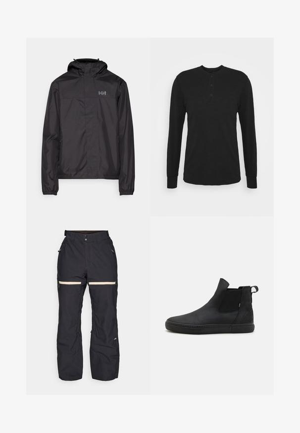 Helly Hansen VANCOUVER FLEECE LINED JACKET - Regenjas - black; Zwarte longsleeve shirt met een ronde halslijn, drie-knopen sluiting en smalle manchetten. Gemaakt van zachte stof met een gladde textuur.; Zwarte sneeuwbroeken met een losse pasvorm, voorzien van twee ritszakken, beige accenten en verstelbare boorden voor een veilige pasvorm. Gemaakt van duurzaam materiaal.; Zwarte enkelboots van glad materiaal met elastische zijpanelen, een ronde neus en een gestructureerde zool. Voorzien van een achterste trekband.
