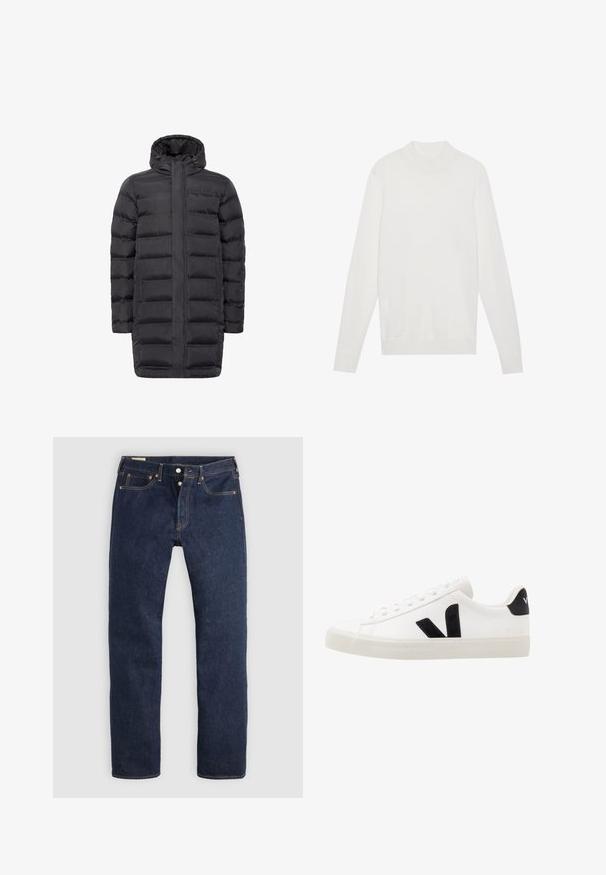 Manteau rembourré noir avec un col haut, fermeture éclair à l'avant et deux poches latérales. Présente une silhouette droite et une texture matelassée. Matériau léger.; Pull-over blanc avec un col montant, des manches longues et des poignets et un ourlet côtelés. Fabriqué en tissu tricoté doux. Design simple et ajusté.; Jean droit bleu foncé avec braguette à boutons, poches avant et arrière, et surpiqûres contrastantes, posé à plat sur un fond clair.; Sneaker blanche en cuir avec des accents en daim noir ; dispose d'une semelle en caoutchouc, d'un bout rond et d'un design classique à lacets. Logo latéral en noir.