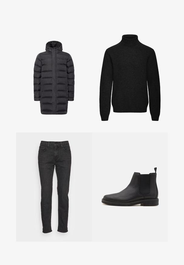 Manteau rembourré noir avec un col haut, fermeture éclair à l'avant et deux poches latérales. Présente une silhouette droite et une texture matelassée. Matériau léger.; Pull noir à col roulé manches longues avec poignets et ourlet côtelés, en tissu tricoté doux.; Jean en denim noir avec une coupe ajustée, comportant cinq poches, des passants de ceinture et des détails de couture subtils. Texture usée sur le tissu.; Bottine Chelsea en cuir noir avec une finition texturée, des panneaux latéraux élastiques et une languette, dotée d'une semelle en caoutchouc plate et basse.
