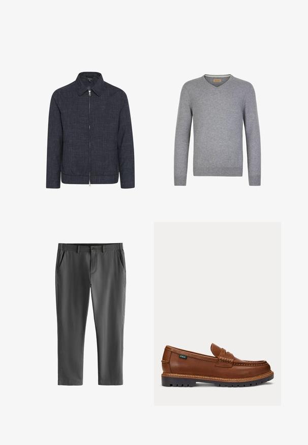 Dunkelblaues Zip-Jackett mit Kragen, aus strukturiertem Stoff. Verfügt über einen geraden Schnitt und einen elastischen Saum für einen taillierten Look.; Grau V-Ausschnitt Pullover aus weichem Strickstoff, mit langen Ärmeln, gerippten Bündchen und Saum. Minimalistisches Design ohne Muster oder Akzente.; Dunkelgraue, maßgeschneiderte Hose mit Gürtelschlaufen, vorderem Knopf- und Reißverschluss sowie schrägen Seitentaschen, dargestellt vor weißem Hintergrund.; Brauner Lederloafer mit aufgenähten Details, robuster schwarzer Sohle und kleinem "Polo"-Etikett an der Seite.