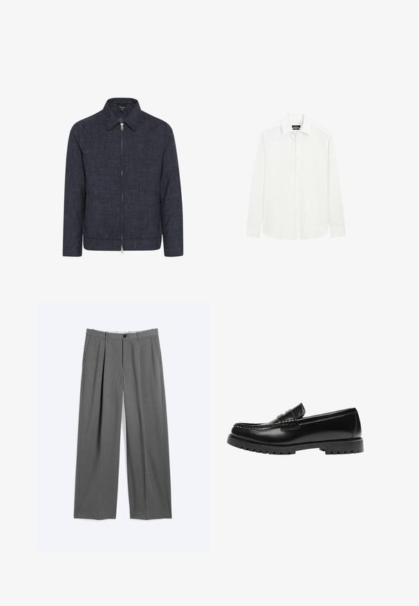 Dunkelblaues Zip-Jackett mit Kragen, aus strukturiertem Stoff. Verfügt über einen geraden Schnitt und einen elastischen Saum für einen taillierten Look.; Weißes Langarmhemd mit Knöpfen, klassischem Kragen und Manschetten, schlichtes Design, dargestellt vor weißem Hintergrund.; Graue formelle Hosen mit geraden Beinen, vorderen Bügelfalten, Seitentaschen, Gürtelschlaufen und einem vorderen Knopf- und Reißverschluss.; Schwarzer Leder-Slipper mit dicker Gummisohle und klassischem Penny-Detail an der Riemen, von der Außenseite gezeigt.