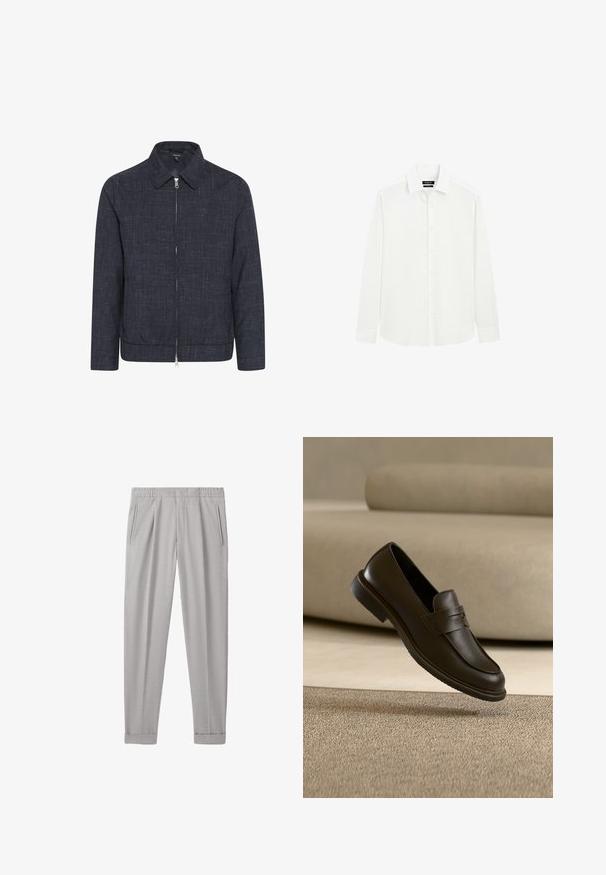 Dunkelblaues Zip-Jackett mit Kragen, aus strukturiertem Stoff. Verfügt über einen geraden Schnitt und einen elastischen Saum für einen taillierten Look.; Weißes Langarmhemd mit Knöpfen, klassischem Kragen und Manschetten, schlichtes Design, dargestellt vor weißem Hintergrund.; Hellgraue, maßgeschneiderte Hose mit elastischem Bund, seitlichen Eingrifftaschen mit Schlitzen, geraden Beinen und aufgekrempelten Säumen.; Ein einzelner dunkelbrauner Lederloafer schwebt über einem beigen, strukturierten Teppich, mit einem unscharfen beigen Sofa im Hintergrund.