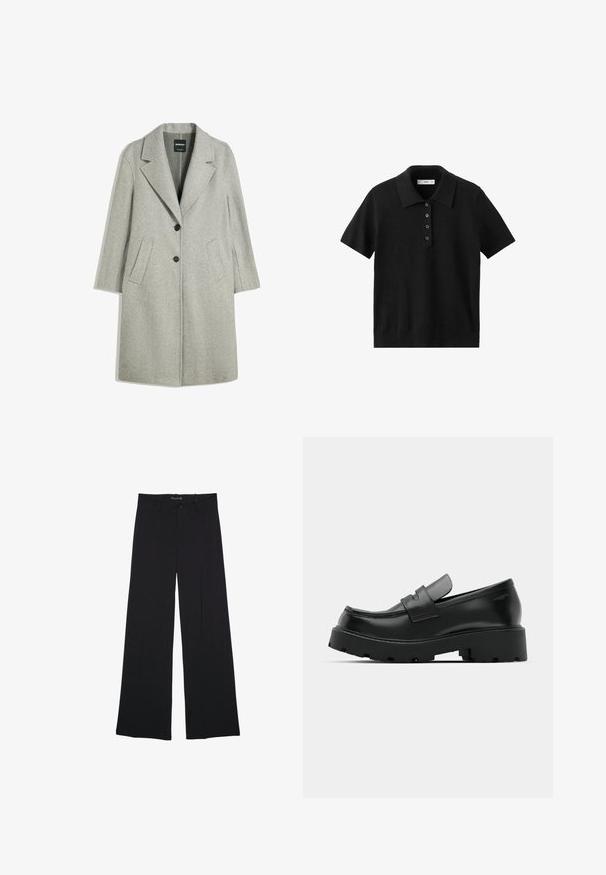 Manteau en laine gris clair avec revers en pointe, deux poches avant et fermeture à double bouton. Le tissu a une texture douce.; Polo noir à manches courtes avec patte de boutonnage à quatre boutons et col classique, présenté sur fond blanc.; Pantalon noir à jambes larges avec passants de ceinture, bouton frontal et fermeture éclair, étalé à plat sur un fond blanc.; Mocassins en cuir noir avec une semelle épaisse et texturée, dotés d'une sangle sur le vamp et d'une finition lisse et polie.