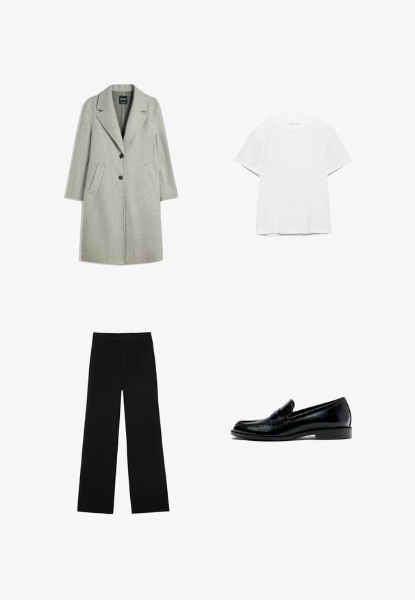Manteau en laine gris clair avec revers en pointe, deux poches avant et fermeture à double bouton. Le tissu a une texture douce.; T-shirt blanc uni à manches courtes et col rond, avec un ourlet droit, présenté sur un fond blanc.; Pantalons noirs à jambes larges en tissu lisse, dotés d'une fermeture à bouton à l'avant et de deux plis pour un détail supplémentaire. Design ajusté dans l'ensemble.; Mocassin penny en cuir noir avec talon bas, bout arrondi et surpiqûres visibles le long du bord supérieur, présenté de profil sur fond blanc.