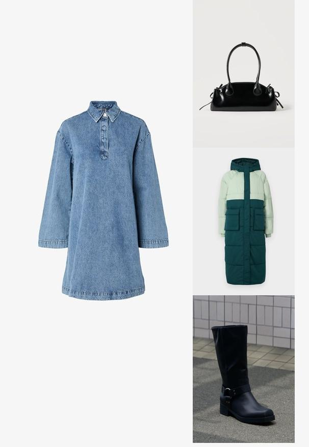 Puffjakke med hætte, har et farveblokeringsdesign i lys grøn og mørk teal, to frontlommer og ribbede manchetter.; Lysblå denimkjole med spids krave, lange ærmer og knaplukning. Har en afslappet pasform og struktureret stof.; Sort læderstøvle midt på læggen med lav blokhæle og en dekorativ rem med metal spænde rundt om anklen, på en flisebelagt fortov.; Lille sort blank håndtaske med to lange håndtag og snøre-detaljer i siden på en ensfarvet lys baggrund.