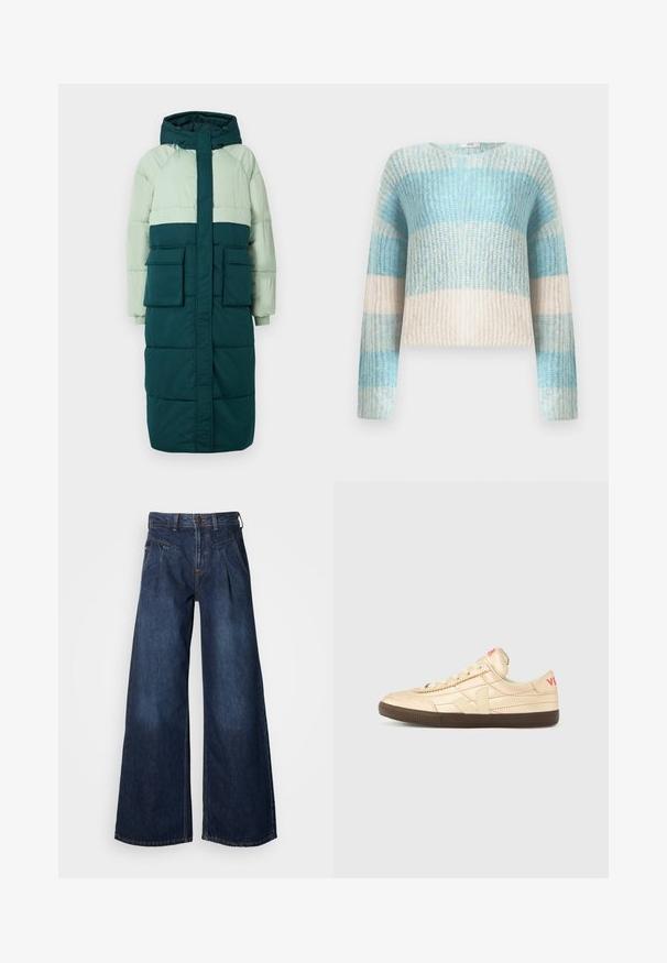 Puffjakke med hætte, har et farveblokeringsdesign i lys grøn og mørk teal, to frontlommer og ribbede manchetter.; Lett strikket sweater med lange ærmer, der har vandrette striber i varierende nuancer af blå og creme. Ribbet tekstur overalt.; Bredde ben mørke denim jeans med høj talje, der har frontfolder og subtile syninger. Glat tekstur, afslappet design.; Kremfarvede sneakers med en tekstureret læderoverdel, en brun gummisål og en fremtrædende logo i rødt på hælen.
