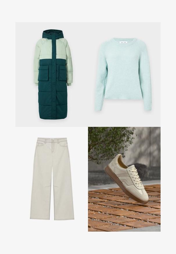 Puffjakke med hætte, har et farveblokeringsdesign i lys grøn og mørk teal, to frontlommer og ribbede manchetter.; Lys mintgrøn pullover-sweater lavet af blødt, tekstureret stof. Har en rund halsudskæring og ribbede manchetter. Klassisk pasform med raglanærmer.; Lysegrå bredbenede bukser med fem lommer, frontknaplukning og kontrastsyninger langs sømmen. Stoffet ser blødt og slidstærkt ud.; Sneakers i cremefarve med en struktureret beige gummisål, snøredesign og diskret brand på siden. Overdel i glat læder.