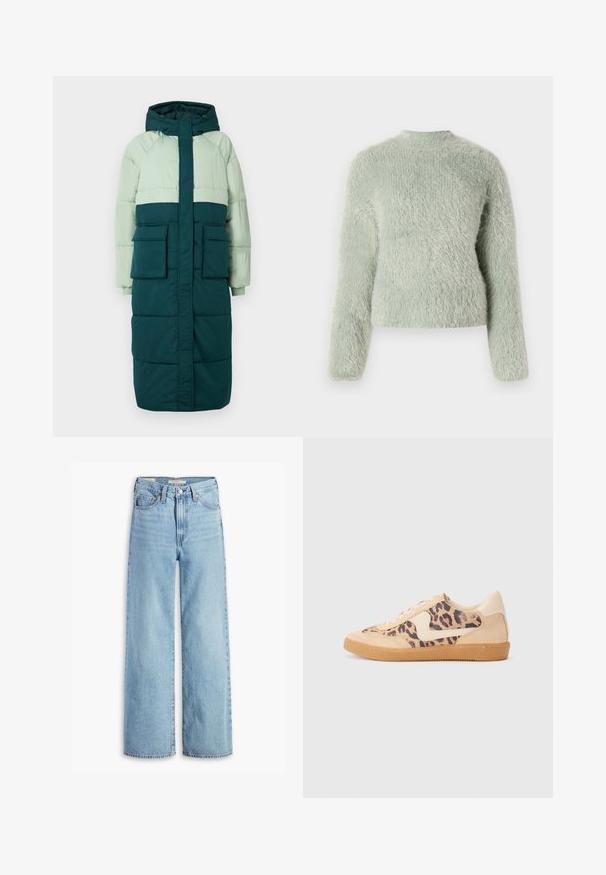 Puffjakke med hætte, har et farveblokeringsdesign i lys grøn og mørk teal, to frontlommer og ribbede manchetter.; Fuzzy lys grøn sweater med lange ærmer, høj halsudskæring og en blød tekstureret overflade, der har en afslappet pasform og minimalistisk design.; Højtaljede, lyseblå, vide bukser med knap og lynlås fortil, bæltestropper og fem lomme-stil.; Leopardprint sneakers med beige ruskindsoverdel, tan gummisål og hvide detaljer. Rund pegefinger og snørebåndsdesign med en tekstureret finish.