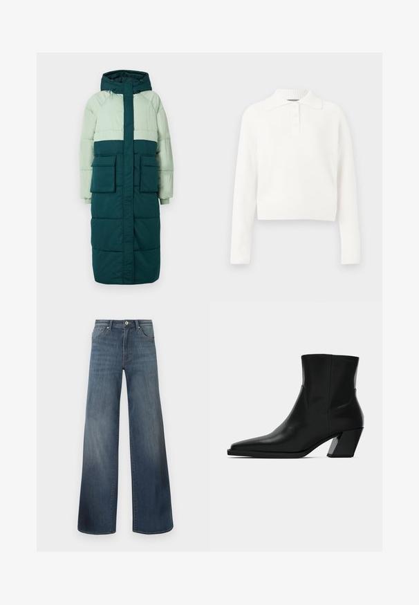 Puffjakke med hætte, har et farveblokeringsdesign i lys grøn og mørk teal, to frontlommer og ribbede manchetter.; Hvid ribbede strikket langærmet polo-sweater med krave og treknap lukning, der har et cropped design og blød tekstur.; Bredde denim jeans i mørkeblå, med en slidteknik, knaplukning og fem-lomme stil. Glat tekstur, minimal syning detaljer.; Sortlæder ankelstøvle med spids tå, en slank silhuet og en kraftig firkantet hæl. Glat tekstur med minimale stikninger.