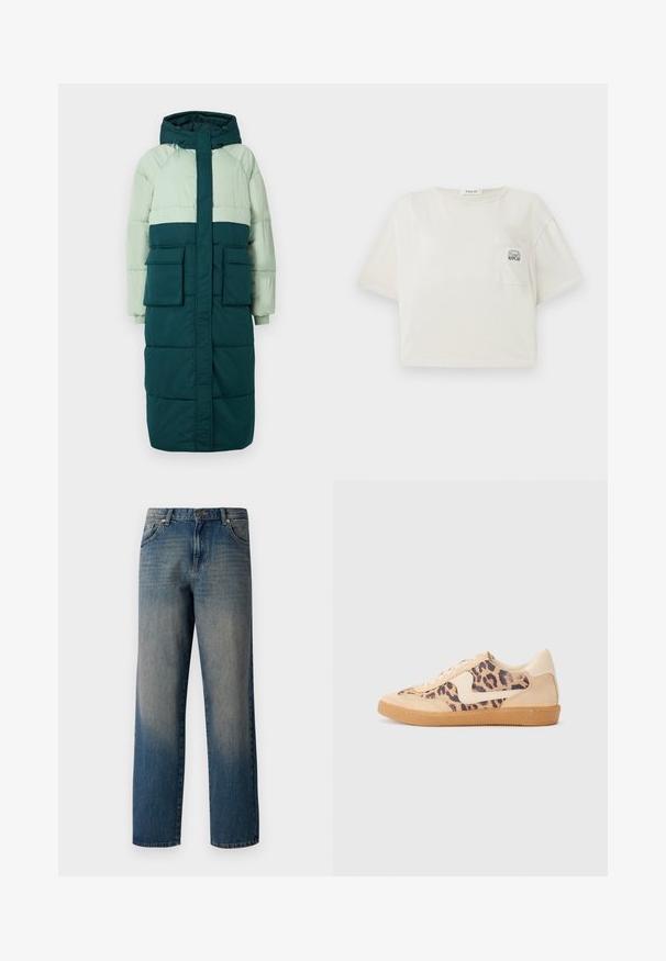 Puffjakke med hætte, har et farveblokeringsdesign i lys grøn og mørk teal, to frontlommer og ribbede manchetter.; Kraftigt, kortærmet t-shirt i off-white bomuld. Har en brystlomme med et trykt logo og en rund halsudskæring. Glat tekstur.; Blå denim jeans med et lige ben design, der har en fading fra mørk til lys, fem-lommemodel og en knaplukning i taljen.; Leopardprint sneakers med beige ruskindsoverdel, tan gummisål og hvide detaljer. Rund pegefinger og snørebåndsdesign med en tekstureret finish.