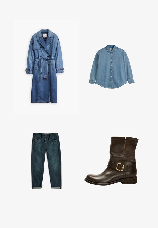 Trench-coat en denim bleu moyen avec un design à double boutonnage, taille ceinturée, col à revers et poignets boutonnés.; Chemise en denim bleu à manches longues avec boutons, col et poignets, présentée à plat sur fond blanc.; Jean en denim bleu foncé roulé, avec poches avant, passants de ceinture et fermeture à bouton, posé à plat sur un fond blanc.; Bottines en cuir marron à bout arrondi, avec un détail de boucle sur le côté, des accents cousus et un petit talon empilé. Présente une texture distincte.