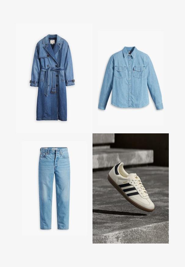 Trench-coat en denim bleu moyen avec un design à double boutonnage, taille ceinturée, col à revers et poignets boutonnés.; Chemise en denim bleu clair à manches longues, col pointu, deux poches poitrine, patte de boutonnage et texture subtile. Pas de motifs visibles.; Jean en denim bleu clair taille haute, coupe droite, braguette à boutons et design à cinq poches, présenté à plat sur fond blanc.; Baskets blanches Adidas Samba avec des bandes noires et une semelle en gomme, flottant au-dessus de marches en béton gris texturé.