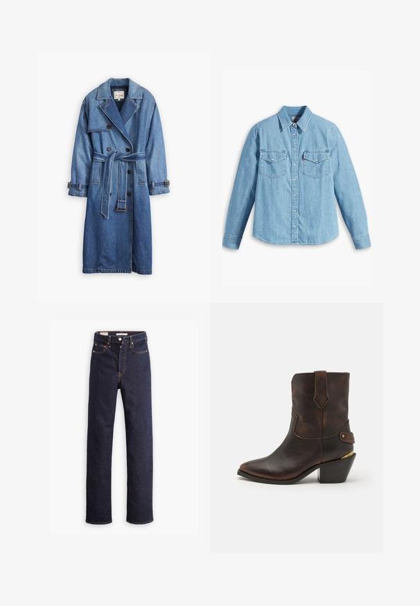 Trench-coat en denim bleu moyen avec un design à double boutonnage, taille ceinturée, col à revers et poignets boutonnés.; Chemise en denim bleu clair à manches longues, col pointu, deux poches poitrine, patte de boutonnage et texture subtile. Pas de motifs visibles.; Jean en denim droit bleu foncé avec cinq poches et coutures orange visibles sur un fond blanc.; Botte de cowboy en cuir marron avec un bout pointu et un talon empilé. Présente un motif en losange décoratif et une sangle avec un accent en quincaillerie.