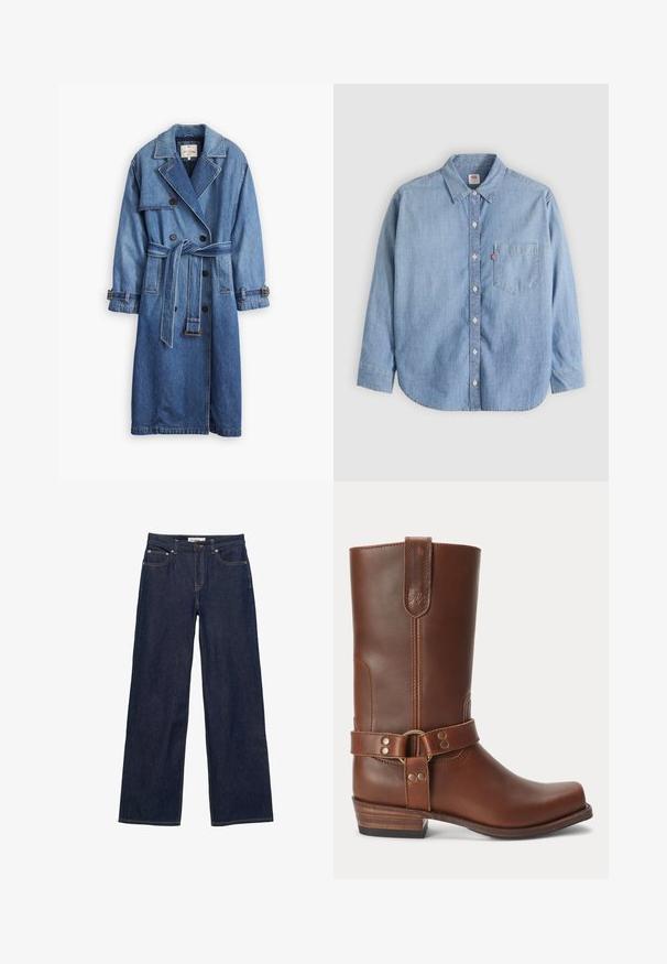 Trench-coat en denim bleu moyen avec un design à double boutonnage, taille ceinturée, col à revers et poignets boutonnés.; Chemise en denim bleu clair avec col boutonné, poche avant et manches longues. Caractérisée par un ourlet arrondi et une texture subtile.; Jean bleu foncé droit avec poches avant, passants pour ceinture, fermeture par boutons et coutures contrastantes visibles.; Botte mi-mollet en cuir marron avec un petit talon en bois, bout rond et sangle décorative avec des clous métalliques autour de la cheville.