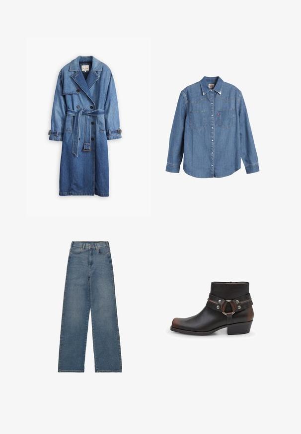 Trench-coat en denim bleu moyen avec un design à double boutonnage, taille ceinturée, col à revers et poignets boutonnés.; Chemise en jean bleu clair à manches longues, col pointu, deux poches poitrine et coutures contrastées. Possède un design de dos de style western.; Jean taille haute, jambes larges en denim bleu moyen. Dispose de cinq poches, d'une fermeture à bouton à l'avant et de coutures contrastées.; Bottine en cuir noir avec un bout arrondi, accents en métal argenté et un détail de sangle avec une boucle circulaire. Design à talon carré.