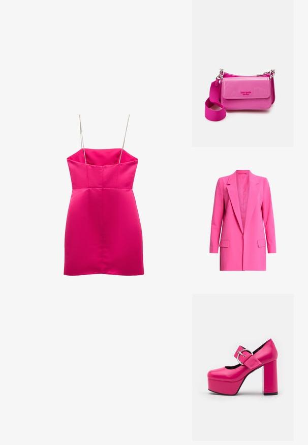 Fuchsia roze blazer met een gekartelde revers, sluiting met één knoop en twee voorklopjes, gemaakt van een gladde stof met een getailleerde pasvorm.; Koton MINI - Cocktailjurk - pink; LAMODA FORGET ME PLATFORM - Hoge hakken - fuchsia; Roze gepatineerd leren schoudertas met een voorflap en zilverkleurige hardware. Inclusief een fuchsia riem, met een slank en compact ontwerp.