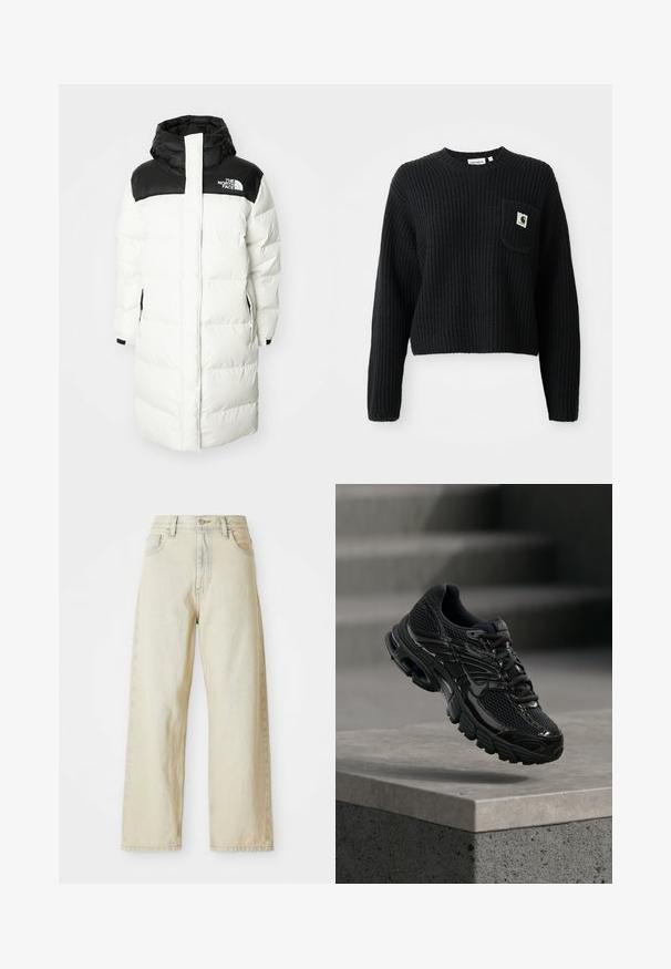 Abrigo largo y esponjoso de color blanco con capucha negra y panel superior, que cuenta con una cremallera frontal, bolsillos laterales y un logotipo en el pecho.; Suéter de punto canalé negro con cuello redondo, mangas largas y un bolsillo frontal con un pequeño parche de logo. Longitud corta.; Jeans de denim de pierna ancha en un tono beige claro, con bolsillos frontales, una cintura alta y sutiles detalles de costura. Hechos de una tela de denim texturizada.; Zapatilla de running negra de Nike con parte superior de malla y sintética flotando sobre una superficie de hormigón y escalones de fondo.