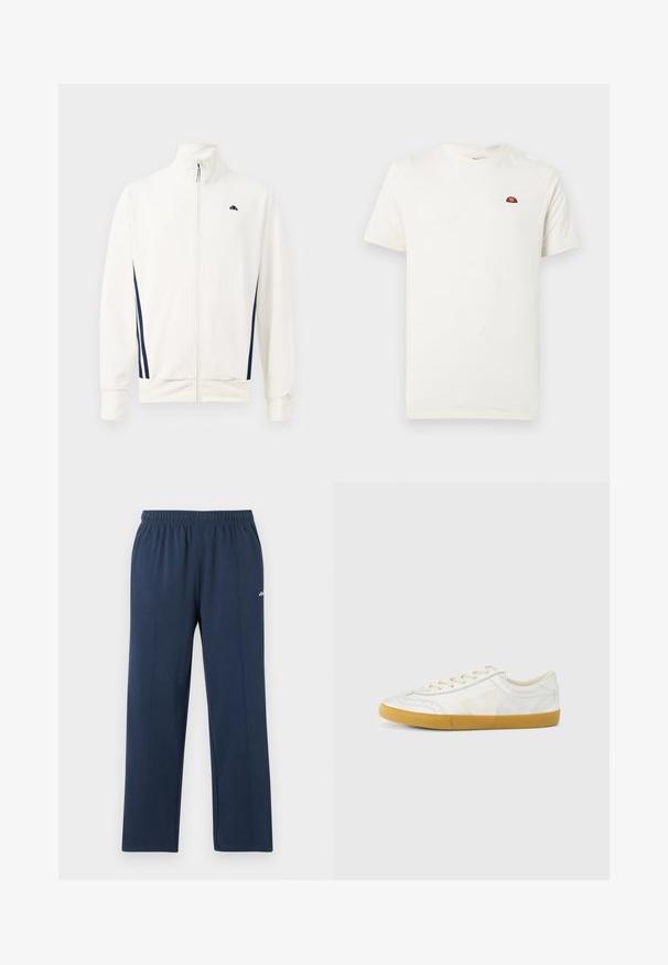 Witte zip-up jas van gladde stof met marineblauwe zijstrepen. Hoge kraag en logo op de linkerborst. Standaard pasvorm.; Witte korte mouwen T-shirt met ronde hals en een klein rood-oranje logo op de linkerborst, tegen een effen achtergrond.; Navyblauwe sweatpants met rechte pijpen, een elastische tailleband en subtiele verticale naden, met een klein wit logo op het bovenbeen.; Witte leren sneaker met een gladde textuur, voorzien van een beige 'V' logo, ronde neus, vetersluiting en een zool van gumrubber.