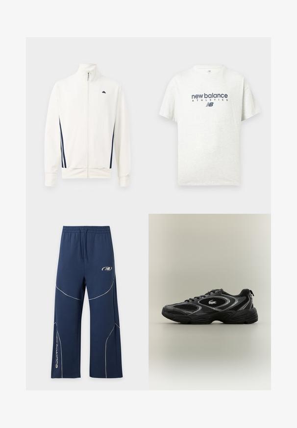 Weiße Zip-Up-Jacke aus glattem Material mit marineblauen Seitenelementen. Hoher Kragen und Logo auf der linken Brust. Normale Passform.; Weißes T-Shirt mit kurzen Ärmeln und Rundhalsausschnitt, vorne in der Mitte mit "new balance ATHLETICS" und dem "NB"-Logo in Dunkelblau bedruckt.; Marineblaue Sporthose mit elastischem Bund, weißen geschwungenen Paspeln, New Balance Logo am linken Oberschenkel und Branding am unteren rechten Bein.; Schwarzer und grauer Sportschuh mit Netzpaneelen, Schnürdesign, dicker Sohle und einem kleinen Krokodil-Logo an der Seite.