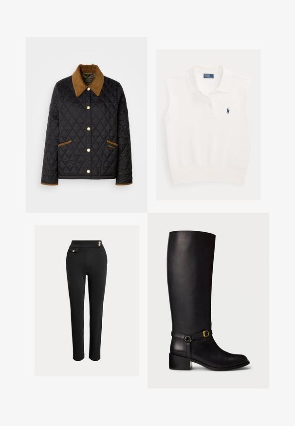 Schwarze gesteppte Jacke mit einem braunen Cordkragen, goldenen Druckknöpfen und akzentuierten Taschen. Mit einem Rautenmuster und einem Logoschild.; Weißes ärmelloses Poloshirt mit Kragen, zwei Knöpfen und marineblauem Ralph Lauren Polo-Spieler-Logo auf der linken Brustseite.; Schwarze, figurbetonte Hose mit hoher Taille, dekorativen goldenen Knöpfen am Bund und einer kleinen Klappentasche auf der rechten Seite.; Schwarze Lederkniehohe Stiefel mit niedrigem Blockabsatz und dekorativem Riemen, der ein kleines goldenes Schnallenmittel am Knöchel aufweist.