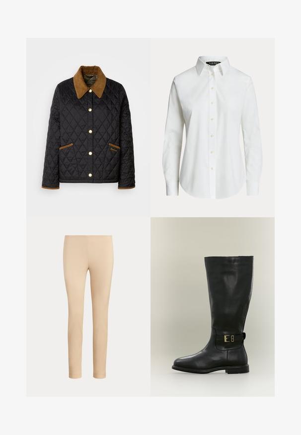 Schwarze gesteppte Jacke mit einem braunen Cordkragen, goldenen Druckknöpfen und akzentuierten Taschen. Mit einem Rautenmuster und einem Logoschild.; Weißes langärmeliges Hemd mit klassischem Kragen und sichtbaren Knöpfen vorne, auf einfachem Hintergrund präsentiert.; Beige, figurbetonte, knöchellange Hose mit glatter Oberfläche und ohne sichtbare Taschen oder Verzierungen auf einfarbigem Hintergrund.; Hoher schwarzer Lederstiefel mit niedrigem Absatz und seitlichem Riemen mit kleiner goldener Schnalle, dargestellt vor neutralem Hintergrund.
