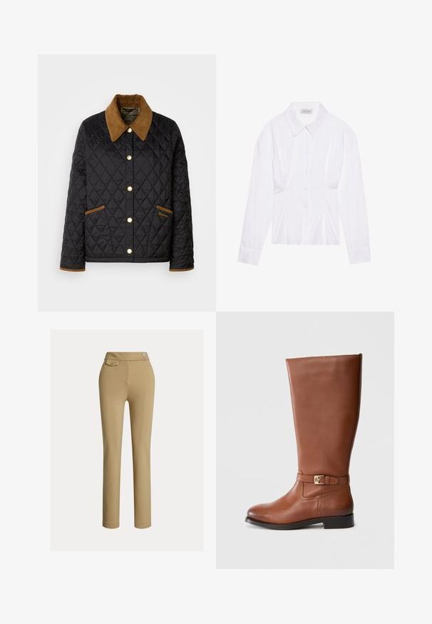 Zwarte gewatteerde jas met een bruine corduroy kraag, gouden drukknoopsluiting en accentzakken. Heeft een ruitpatroon en logo-details.; Witte blouse met lange mouwen en een klassieke kraag, met een sluiting aan de voorkant met knopen en geplooide details aan de zijkant. Glad materiaal met een getailleerde pasvorm.; Beige slim-fit vrouwenbroek met hoge taille, twee knopen aan de zijkant en een klein knoopsluiting flapzakje nabij de tailleband.; Bruine leren laars tot over de knie met een rechte vorm, platte zool en een gespsluiting in goudkleur bij de enkel. Gladde textuur, minimale stiksels.
