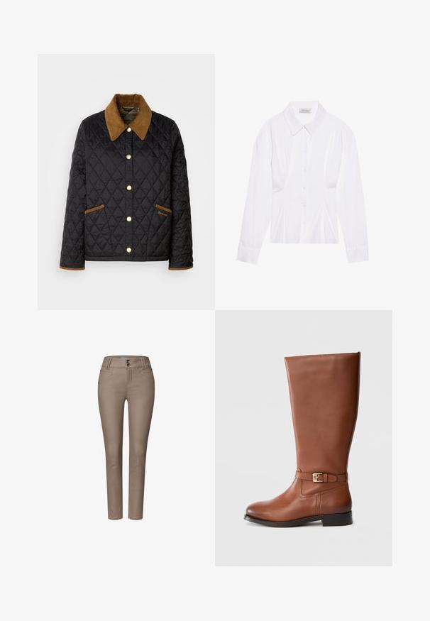 Zwarte gewatteerde jas met een bruine corduroy kraag, gouden drukknoopsluiting en accentzakken. Heeft een ruitpatroon en logo-details.; Witte blouse met lange mouwen en een klassieke kraag, met een sluiting aan de voorkant met knopen en geplooide details aan de zijkant. Glad materiaal met een getailleerde pasvorm.; Slim-fit taupekleurige broek met voorzakken, riemlussen en dubbele knoopsluiting, getoond op een witte achtergrond.; Bruine leren laars tot over de knie met een rechte vorm, platte zool en een gespsluiting in goudkleur bij de enkel. Gladde textuur, minimale stiksels.