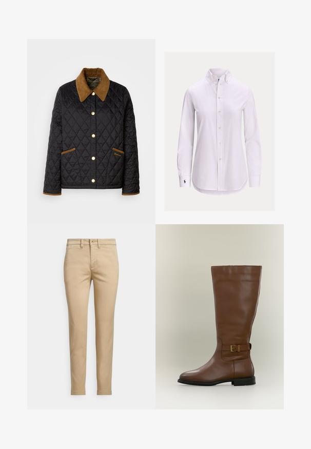 Zwarte gewatteerde jas met een bruine corduroy kraag, gouden drukknoopsluiting en accentzakken. Heeft een ruitpatroon en logo-details.; Witte blouse met lange mouwen, knoopsluiting, een knoopsluitkraag en een klein geborduurd logo op de linkermanchet.; Beige katoenen chino's met een rechte pasvorm, voorzien van een knoopsluiting, voorzakken en gestikte details langs de naden.; Hoge bruine leren laars met een zijgespsluiting en een lage zwarte zool, gefotografeerd tegen een neutrale achtergrond.