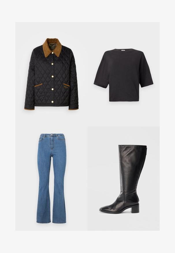 Schwarze gesteppte Jacke mit einem braunen Cordkragen, goldenen Druckknöpfen und akzentuierten Taschen. Mit einem Rautenmuster und einem Logoschild.; Schwarzes kurz geschnittenes T-Shirt aus Baumwolle mit rundem Halsausschnitt und kurzen Ärmeln in lockerer Passform. Glatte Textur, keine Muster oder Akzente.; Blaue ausgestellte Jeans aus Denim mit hoher Taille, kontrastierenden Nähten und einem einzelnen Knopfverschluss vorne.; Schwarze Lederkniehohe Stiefel mit quadratischer Spitze, Blockabsatz und schlankem Design. Glatte Textur mit einem seitlichen Reißverschluss für einfaches Anziehen.