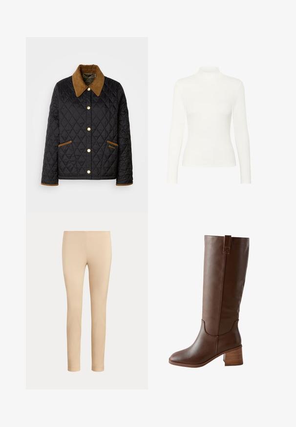 Zwarte gewatteerde jas met een bruine corduroy kraag, gouden drukknoopsluiting en accentzakken. Heeft een ruitpatroon en logo-details.; Witte lange mouwen turtleneck top gemaakt van ribstof, met een aansluitend ontwerp en een gladde textuur, hoge hals en zonder zichtbare accenten.; Beige slim-fit enkellange broek met een gladde afwerking en zonder zichtbare zakken of versieringen op een effen achtergrond.; Bruine kniehoge leren laars met een gestapelde houten blokhak en een treklus bovenaan achteraan in de schacht.