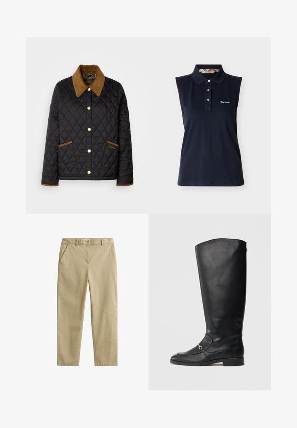 Schwarze gesteppte Jacke mit einem braunen Cordkragen, goldenen Druckknöpfen und akzentuierten Taschen. Mit einem Rautenmuster und einem Logoschild.; Marineblaues ärmelloses Poloshirt mit drei Knöpfen, umgeklapptem Kragen und Barbour-Logo auf der linken Brust vor weißem Hintergrund.; Beige gerade Hosen mit Vordertaschen, Gürtelschlaufen und Knopfverschluss aus glattem Stoff.; Schwarzer Lederstiefel bis zum Knie mit glatter Textur, runder Spitze, seitlichem Hardware-Akzent und niedrigem Blockabsatz. Einfaches, elegantes Design.