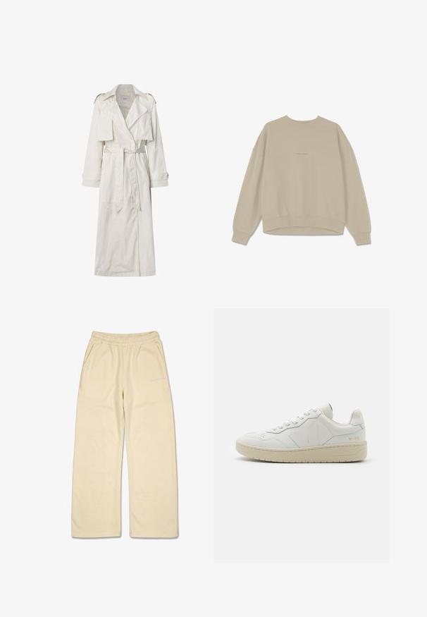 Langer beiger Trenchcoat aus leichtem Stoff. Verfügt über breite Revers, eine taillierte Passform mit Gürtel, sowie knöpfbare Manschetten und seitliche Taschen.; Beige Sweatshirt aus weichem Baumwollmaterial, mit Rundhalsausschnitt, überschnittenen Schultern und gerippten Bündchen, auf der Vorderseite mit dem Wort "PEGAADOR" bestickt.; Beige weite Jogginghose mit elastischem Bund, Seitentaschen und kleinem weißen "PEGADOR"-Logo am linken Oberschenkel.; Weiße Leder-Sneaker mit perforiertem Zehenbereich, kontrastierender beiger Gummisohle und Logoplaketten an der Seite und Ferse. Minimalistisches Design.