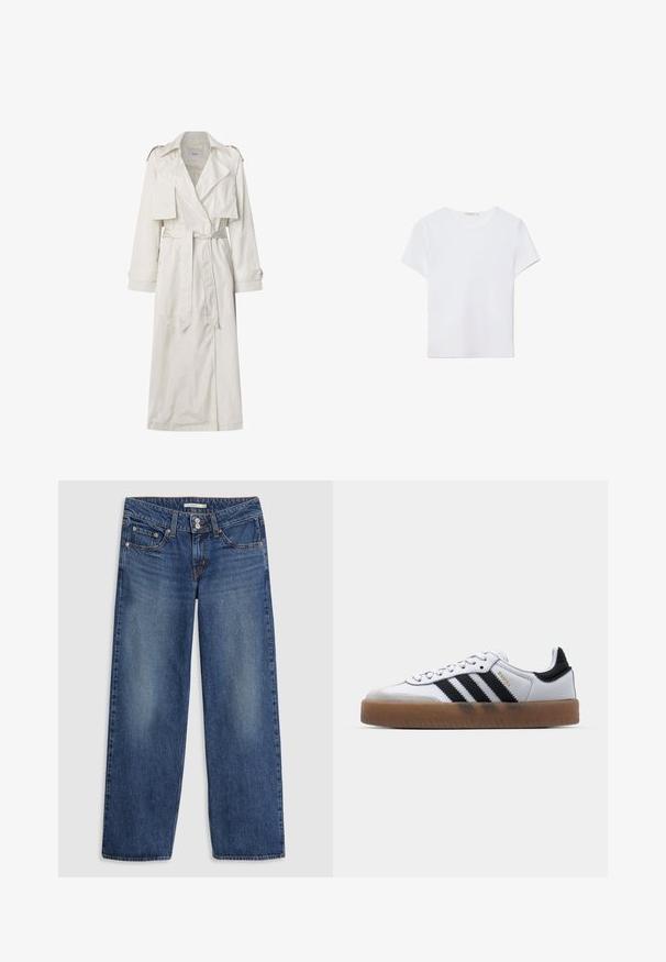 Lange beige trenchcoat van lichtgewicht stof. Heeft brede revers, een riem in de taille, en knoopmanchetten met zijzakken.; Witte T-shirt met korte mouwen, gemaakt van zachte stof. Heeft een ronde halslijn en een eenvoudig, strak ontwerp met een rechte zoom.; Blauwe denim wijde jeans met een knoopsluiting, vijfzakkenontwerp, lichte vervaging op de dijen en stikaccenten op de naden.; Witte leren sneakers met zwarte strepen, gumrubberen buitenzool, ronde neus, vetersluiting en een zachte grijze suède neuskap.