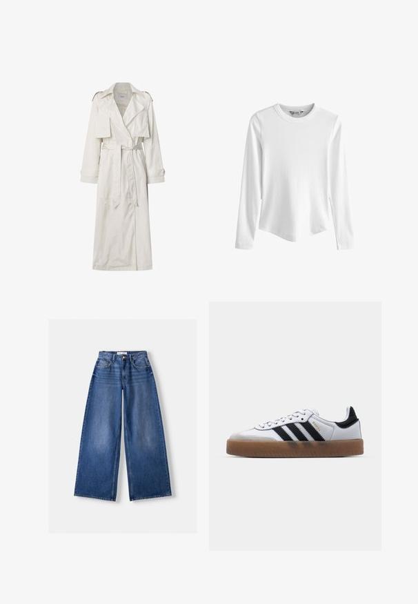 Lang beige trenchcoat lavet af letvægtsstof. Har brede revers, en bælte i taljen og knapmanchetter med sidelommer.; Hvid langærmet ribbet top med rund halsudskæring og let buet kant, vist mod en ensfarvet hvid baggrund.; Bredbenet blå denimjeans med forlommer, bæltestropper og knaplukning, lagt fladt på en lys baggrund.; Hvide lædersneakers med sorte striber, gummirubber sål, rund tå, snørelukning og blød grå ruskinds tåhætte.