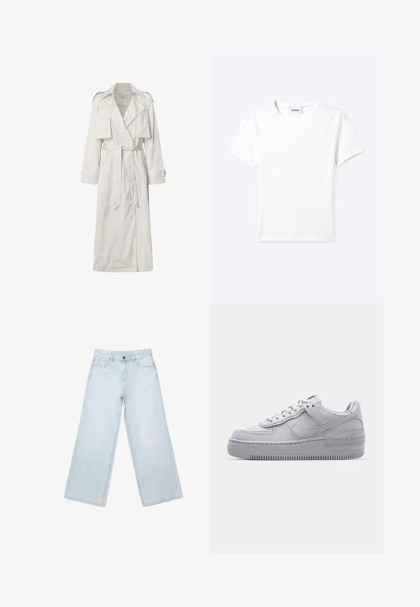 Lang beige trenchcoat lavet af letvægtsstof. Har brede revers, en bælte i taljen og knapmanchetter med sidelommer.; Ensfarvet hvid t-shirt med korte ærmer og rund halsudskæring med en lille "WEEKDAY" label indeni halskanten, vist fladt på en lys baggrund.; Lyseblå viddejeans i denim med forlommer, bæltestropper og knaplukning.; Grå Nike Air Force 1 sneakers med perforeret tå, glat læderoverdel, tyk sål og præget 'AIR' detalje på hælen.