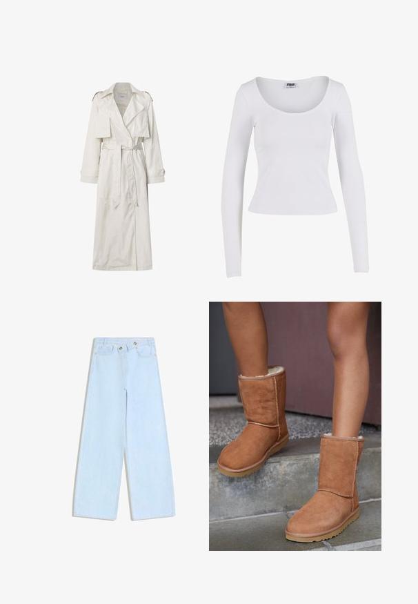 Lang beige trenchcoat lavet af letvægtsstof. Har brede revers, en bælte i taljen og knapmanchetter med sidelommer.; Langærmet hvid top med scoop-hals, lavet af strækstof, med en tætsiddende pasform og sømløs konstruktion uden synlige detaljer.; Lyseblå vidde jeans med høj talje, forlommer og to sølvknapper på linningen.; Brune ruskind ankelstøvler med rund tå, blødt foer og gummisål, der har synlige stikninger langs sømmene.