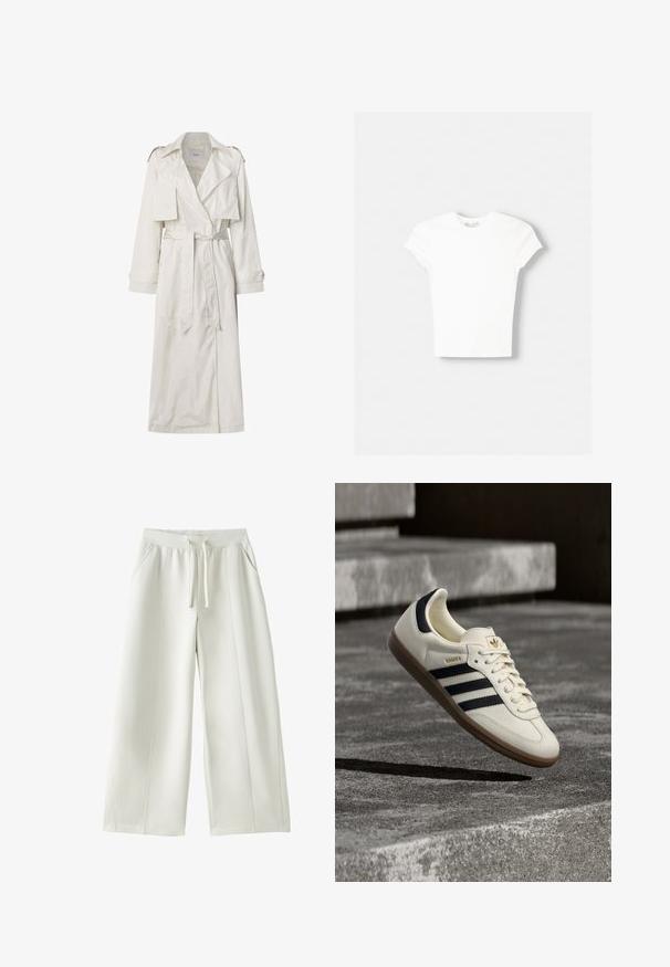 Lang beige trenchcoat lavet af letvægtsstof. Har brede revers, en bælte i taljen og knapmanchetter med sidelommer.; Hvid kortærmet t-shirt lavet af blød bomuld, med rund halsudskæring og en tætsiddende form. Ingen synlige mønstre eller udsmykninger.; Hvide bukser med vide ben, elastik i taljen, snøre foran, sidelommer og synlige syninger på ensfarvet baggrund.; Hvid Adidas Samba sneaker med sorte striber og gummsål, svævende over teksturerede grå betonstrin.