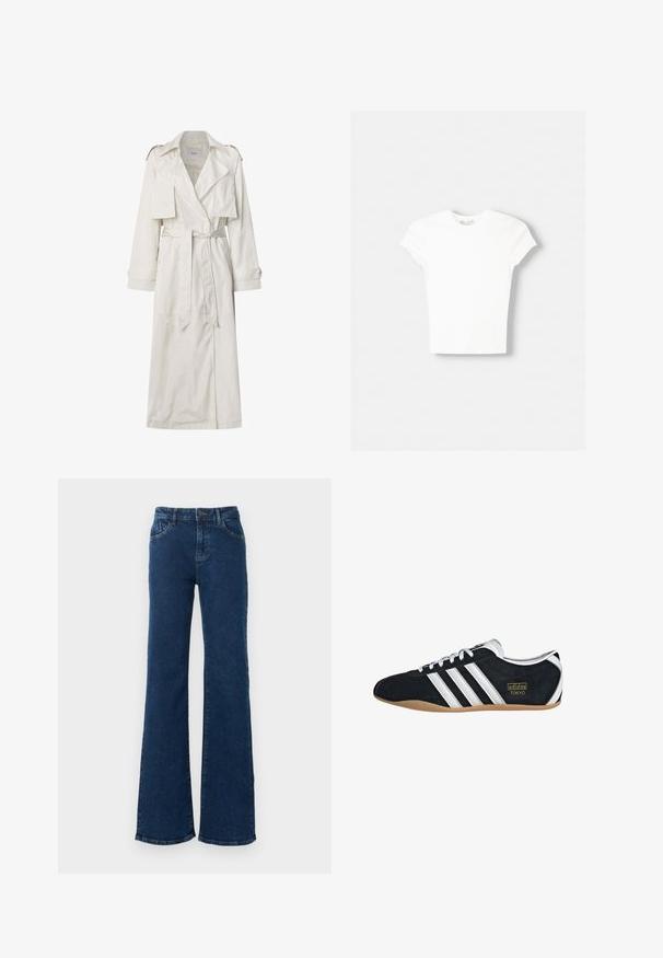 Langer beiger Trenchcoat aus leichtem Stoff. Verfügt über breite Revers, eine taillierte Passform mit Gürtel, sowie knöpfbare Manschetten und seitliche Taschen.; Weißes kurzärmliges T-Shirt aus weicher Baumwolle, mit Rundhalsausschnitt und figurbetonter Form. Keine sichtbaren Muster oder Verzierungen.; Dunkelblaue High-Waist-Jeans mit ausgestelltem Bein, Knopfleiste vorne, Reißverschluss und vorderen sowie hinteren Taschen.; Schwarze Wildledersneaker mit drei weißen Streifen, goldenem Logo und brauner Gummisohle. Merkmale ein niedrigprofiliertes Schnürdesign.