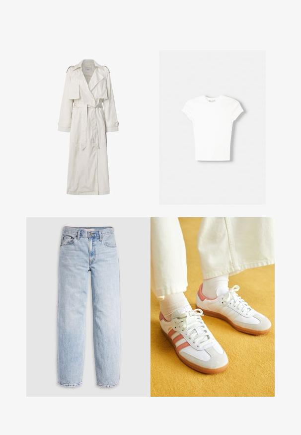 Lange beige trenchcoat van lichtgewicht stof. Heeft brede revers, een riem in de taille, en knoopmanchetten met zijzakken.; Witte t-shirt met korte mouwen van zachte katoen, met een ronde halslijn en een getailleerde vorm. Geen zichtbare patronen of versieringen.; Lichtblauwe spijkerbroek met hoge taille, losvallende pasvorm, rechte pijpen en een klassiek ontwerp met vijf zakken. Zichtbare vervaging en stikseldetails.; Witte sportschoenen met roze accenten, gemaakt van suede en leer, met een ronde neus en een rubberen zool, weergegeven met lichtgekleurde sokken op een gele achtergrond.