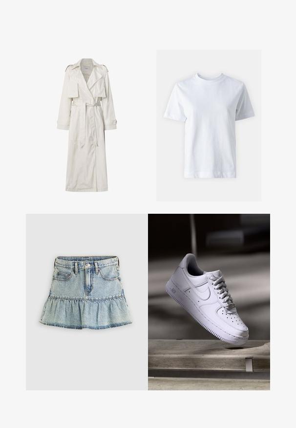 Lang beige trenchcoat lavet af letvægtsstof. Har brede revers, en bælte i taljen og knapmanchetter med sidelommer.; Hvid bomulds t-shirt med rund halsudskæring, korte ærmer, lige snit og glat tekstur. Ingen mønstre eller dekorationer.; Denimnederdel i lyseblå med flæsekant. Har en talje, forlommer og falmet tekstur. Klassisk design med fem lommer.; Hvid Nike Air Force 1 sneaker svævende over en betonoverflade med skygger i et minimalistisk miljø.