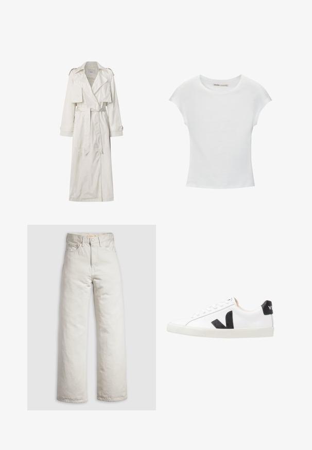 Lange beige trenchcoat van lichtgewicht stof. Heeft brede revers, een riem in de taille, en knoopmanchetten met zijzakken.; Witte katoenen T-shirt met korte, opgerolde mouwen, een ronde halslijn en een rechte zoom. Gladde textuur zonder zichtbare patronen of accenten.; Off-white high-waisted recht gesneden spijkerbroek met knoop aan de voorkant, ritsluiting en een ontwerp met vijf zakken, afgebeeld op een effen witte achtergrond.; Witte sneaker met een zwart V-logo, voorzien van een gladleren bovenwerk, ronde neus, vetersluiting en een contrasterende zwarte hieltab.