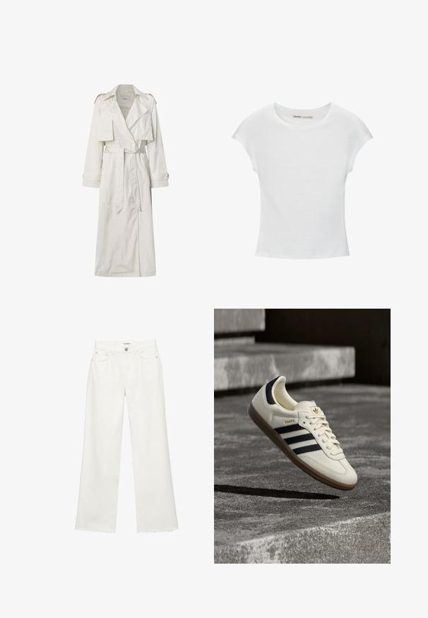 Lang beige trenchcoat lavet af letvægtsstof. Har brede revers, en bælte i taljen og knapmanchetter med sidelommer.; Hvid bomuld t-shirt med korte, opsmøgede ærmer, rund halsudskæring og lige kant. Glat tekstur uden synlige mønstre eller detaljer.; Hvide denim-bukser med vide ben, forlommer, bæltestropper, knaplukning og rå kanter nederst.; Hvid Adidas Samba sneaker med sorte striber og gummsål, svævende over teksturerede grå betonstrin.