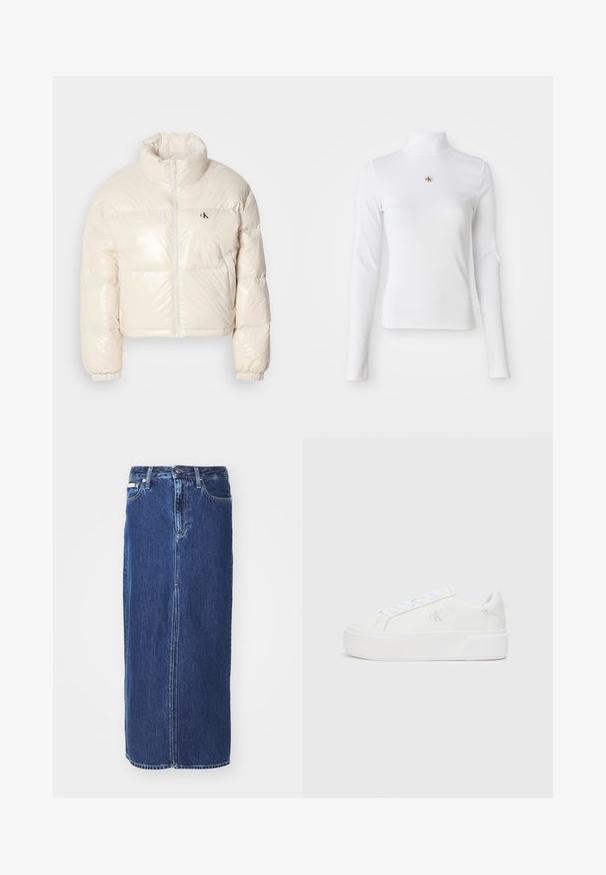 Veste en duvet cintrée en matériau blanc cassé brillant, dotée d'un col haut, d'une fermeture éclair à l'avant et d'un petit logo noir sur la poitrine gauche.; Top à col roulé blanc à manches longues en matière côtelée. Présente un petit logo brodé au centre. Design ajusté sans motifs.; Jupe en denim bleu foncé, à mi-longueur, avec une fente avant, une taille traditionnelle et un design à cinq poches avec des coutures contrastées.; Baskets plateformes blanches avec une tige en cuir lisse, bout arrondi, lacets blancs et un logo discret sur le côté. Semelle en caoutchouc plate.