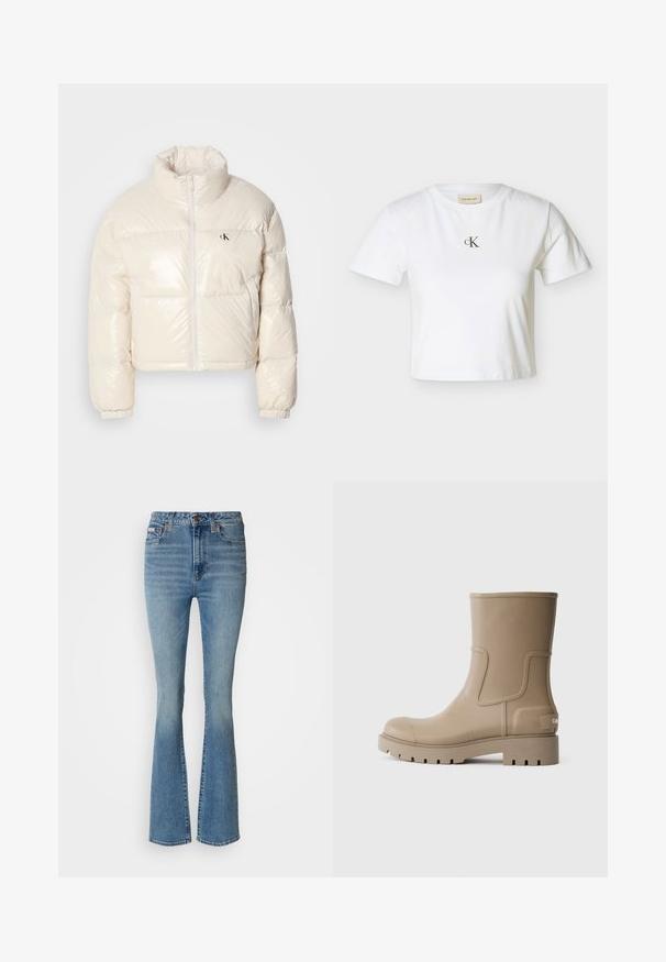 Veste en duvet cintrée en matériau blanc cassé brillant, dotée d'un col haut, d'une fermeture éclair à l'avant et d'un petit logo noir sur la poitrine gauche.; T-shirt blanc court à manches courtes avec petit logo noir "cK" centré sur la poitrine et col rond.; Jeans évasés bleu clair en denim, avec une taille haute, un effet délavé et des coutures visibles, agrémentés de détails en métal marron.; Bottes de cheville en caoutchouc beige avec une finition lisse, bout rond et semelle texturée. Présentent un panneau latéral et un détail de logo sur le talon.
