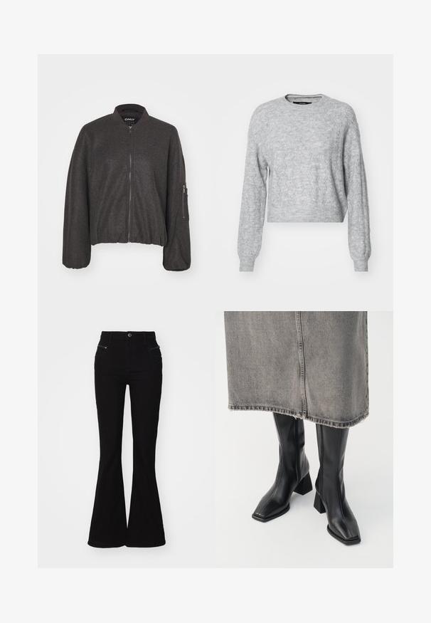 Veste bomber gris foncé avec une fermeture éclair à l'avant, un col pressionné et une taille élastiquée. Présente des manches surdimensionnées et une poche zippée sur le bras gauche.; Vero Moda VMYEN ONECK - Pullover - light grey; Jean flare noir à taille haute, avec poches avant et détails zippés. Fabriqué en denim avec une texture lisse.; Bottes noires montantes en cuir lisse avec un bout carré et un talon bloc. Portées avec une jupe en denim grise à l'ourlet effiloché.