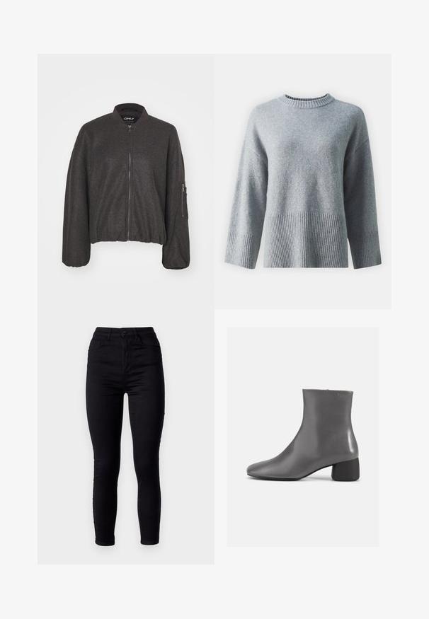 Veste bomber gris foncé avec une fermeture éclair à l'avant, un col pressionné et une taille élastiquée. Présente des manches surdimensionnées et une poche zippée sur le bras gauche.; Pull gris avec col rond, doté d'un ourlet et de poignets côtelés texturés, fabriqué en tissu doux avec une finition lisse.; Jean skinny noir taille haute, fabriqué en denim extensible. Il dispose d'une fermeture à bouton sur le devant et de deux poches arrière. Texture lisse.; Bottine en cuir gris avec un design épuré, bout pointu et un petit talon carré. Texture lisse avec un branding minimaliste sur le côté.