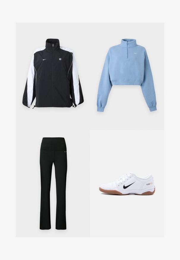 Αθλητικό μπουφάν Nike σε ασπρόμαυρο με πλήρες φερμουάρ μπροστά, ψηλό γιακά και λογότυπο στο αριστερό στήθος και ρίγες στα μανίκια.; Ανοιχτό μπλε cropped φούτερ με μακριά μανίκια, ριμπ μανσέτες, φερμουάρ στο ένα τέταρτο, ψηλό γιακά και μικρό λευκό λογότυπο Nike στο αριστερό στήθος.; Μαύρο αθλητικό παντελόνι με εφαρμοστή μέση και φαρδιά μπατζάκια. Κατασκευασμένο από ελαστικό ύφασμα, με μικρό λογότυπο στη μία πλευρά.; Άσπρο παπούτσι ποδοσφαίρου Nike Total 90 III για εσωτερικούς χώρους με μαύρο λογότυπο Swoosh και καφέ σόλα, εμφανιζόμενο από το πλάι σε απλό φόντο.