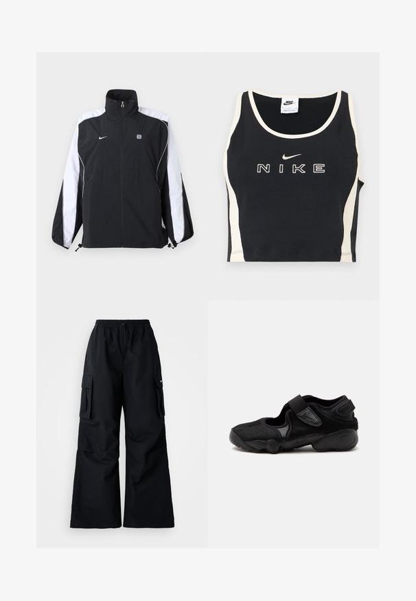 Αθλητικό μπουφάν Nike σε ασπρόμαυρο με πλήρες φερμουάρ μπροστά, ψηλό γιακά και λογότυπο στο αριστερό στήθος και ρίγες στα μανίκια.; Μαύρο αμάνικο κοντό τοπ με λευκή περιμετρική ραφή και πλευρικά πάνελ, διακοσμημένο με λευκό κείμενο Nike και λογότυπο Swoosh στο κέντρο μπροστά.; Μαύρο cargo παντελόνι με φαρδιές γραμμές, ελαστική μέση, ρυθμιζόμενο κορδόνι και δύο πλαϊνές τσέπες. Φτιαγμένο από λείο, ελαφρύ ύφασμα.; Μαύρο αθλητικό παπούτσι με στρογγυλή μύτη, ρυθμιζόμενα λουριά και ανάγλυφη σόλα, εμφανιζόμενο από το πλάι σε απλό φόντο.